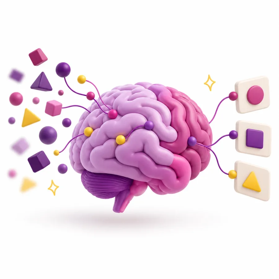 Illustration d'un cerveau qui relie des formes en vrac à des cartes ordonnées : analyser et structurer l'information