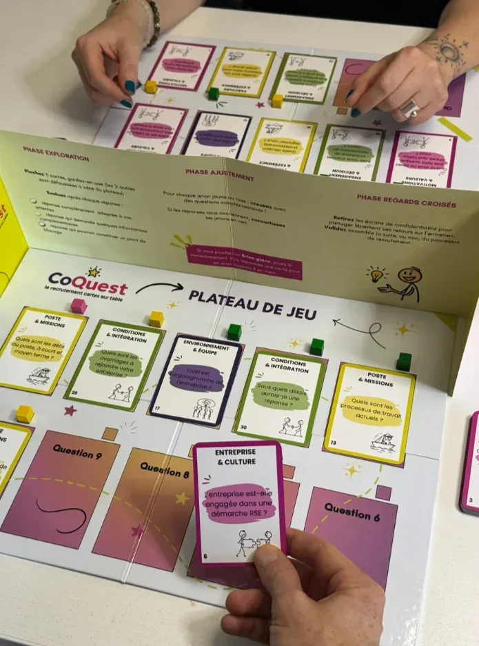 Jeu recrutement CoQuest — plateau de jeu en action pendant un entretien