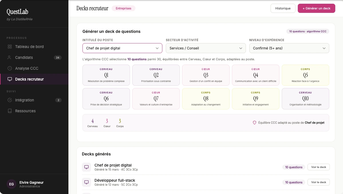QuestLab — Génération d'un deck recruteur avec algorithme CCC