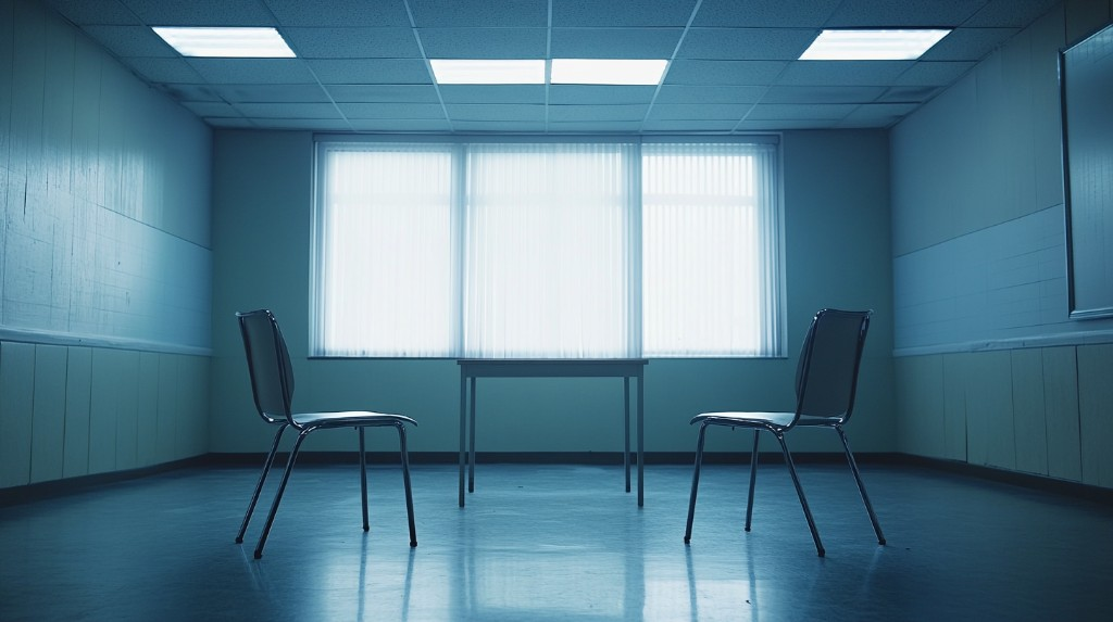 Salle d'entretien vide, ambiance froide et impersonnelle